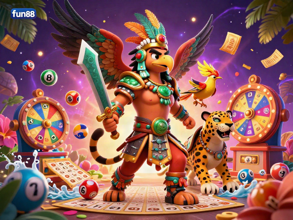 Experience exciting lottery gameplay with fun88 as Aztec characters engage in dynamic gaming action.