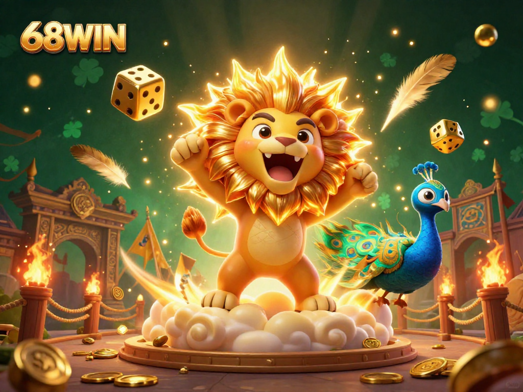 Engage with 68WIN's gaming excitement in a vibrant 3D scene with a lion and golden dice.