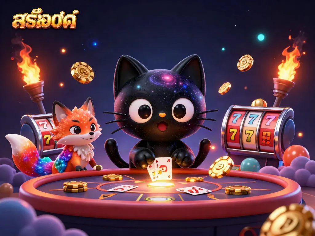 Engage with สล็อตออนไลน์ as a cosmic cartoon cat reveals slot game dynamics at a vibrant casino.