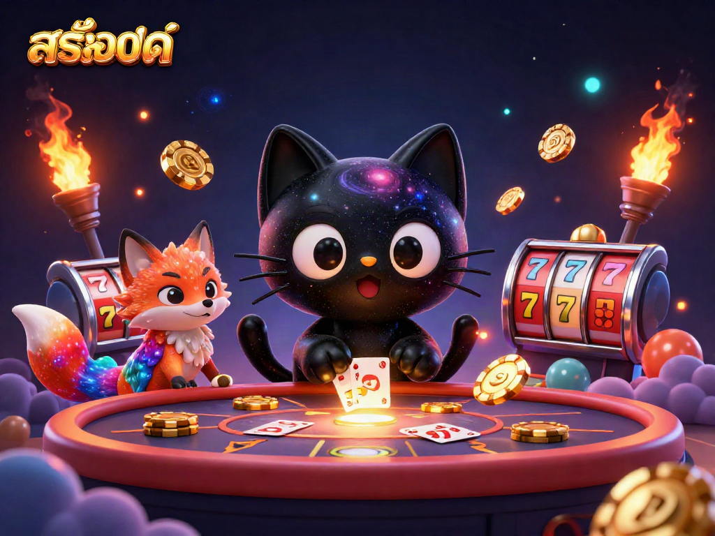 Engage with สล็อตออนไลน์ as a cosmic cartoon cat reveals slot game dynamics at a vibrant casino.