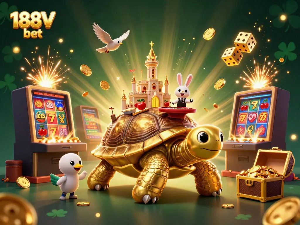 Experience thrilling wins with 188V bet, exploring unique casino gaming on a lively tortoise backdrop.