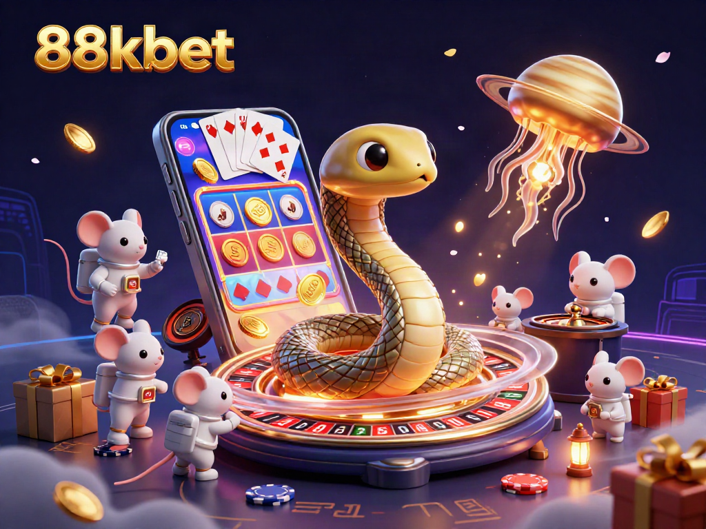 Engage with 88kbet's dynamic casino scene featuring a roulette wheel and playful astronaut mice.