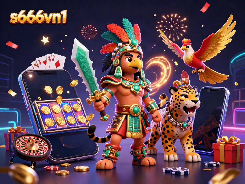 Engage with the action-packed scene of s666vn1 where a warrior duo celebrates with slot games and casino elements.