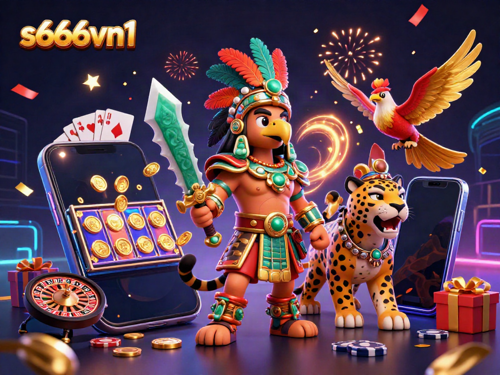 Engage with the action-packed scene of s666vn1 where a warrior duo celebrates with slot games and casino elements.