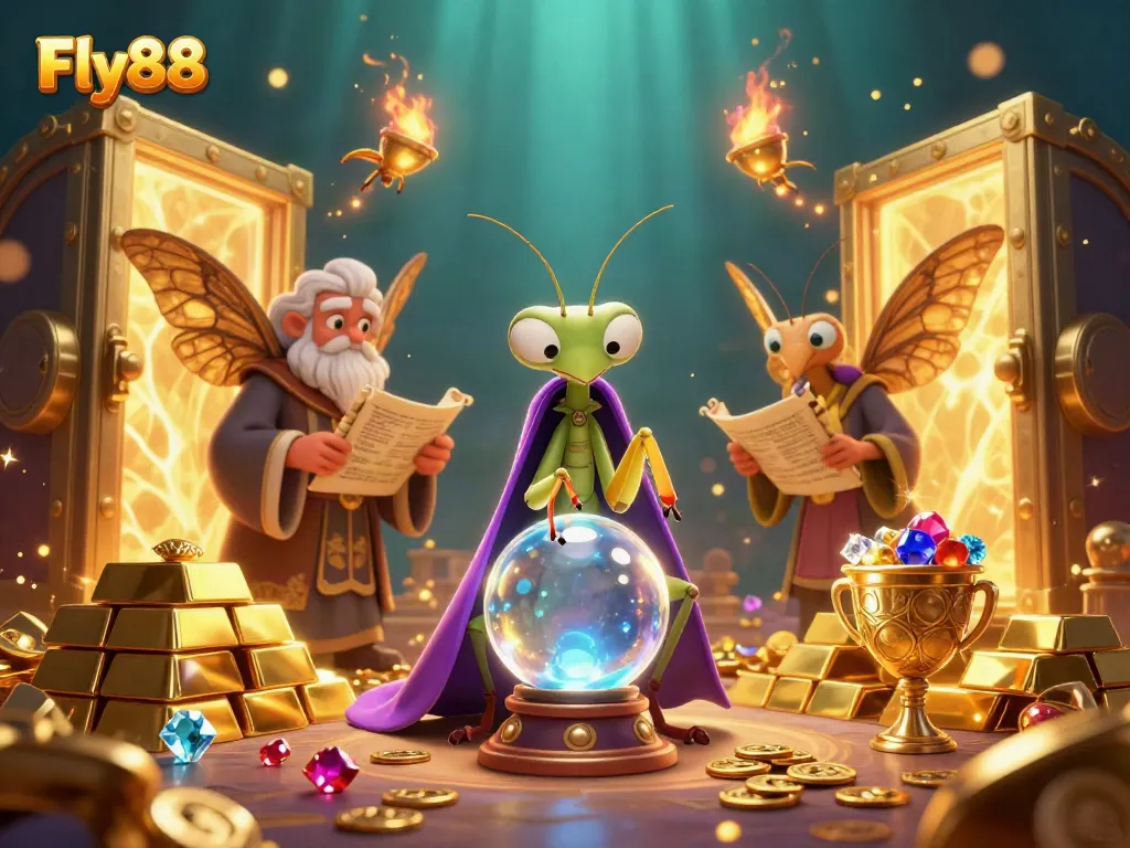 Experience the magic of Fly88 with a dynamic casino scene featuring mystical characters and treasures.