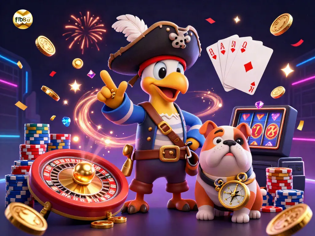 Experience exhilarating fun at fb88 with a lively casino scene featuring vibrant characters, winning elements, and celebratory sparks.
