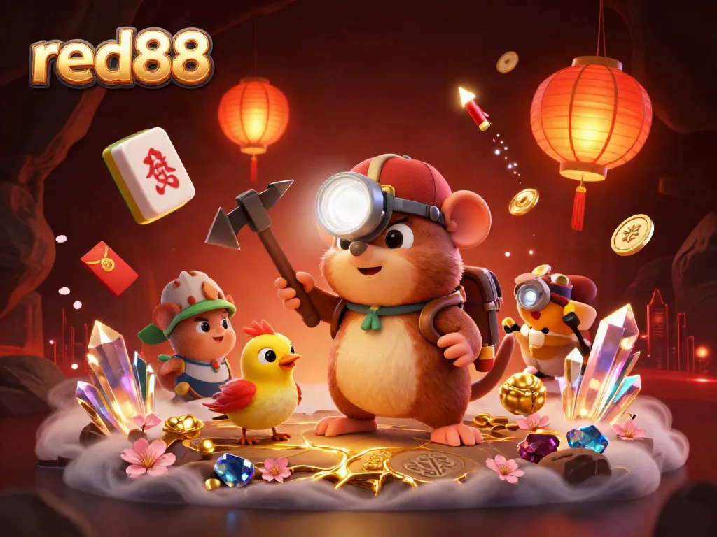 Engaging red88 casino scene illustrating a treasure hunter mole alongside vibrant gaming elements.