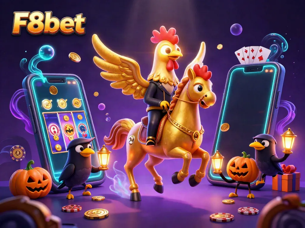 Experience the vibrant energy of F8bet with a golden rooster and friends amidst a dazzling casino scene.
