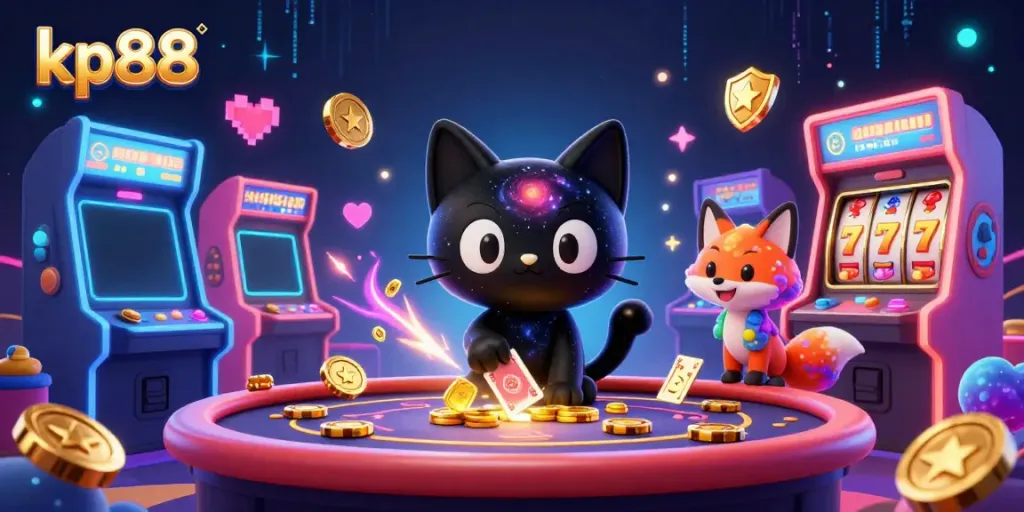 Experience the vibrant gamescape of kp88, where a cosmic black hole cat pulls in chips and cards amidst dynamic casino action.