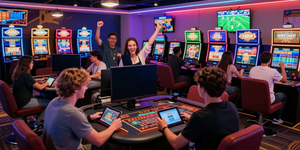 Players enjoying a vibrant gaming experience at NET88 with live casino tables and slot machines.