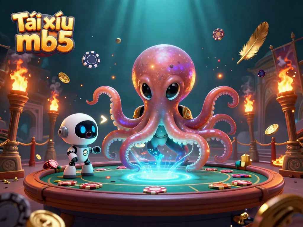 Experience Tài xỉu mb5 with an alien octopus managing a holographic poker table in a vibrant cosmic setting.