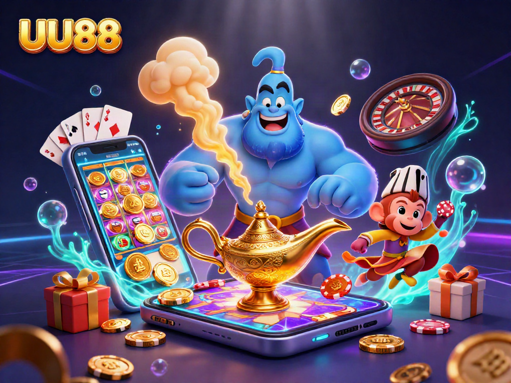 Engaging 3D illustration of UU88, featuring a genie, poker chips, and dynamic casino elements.