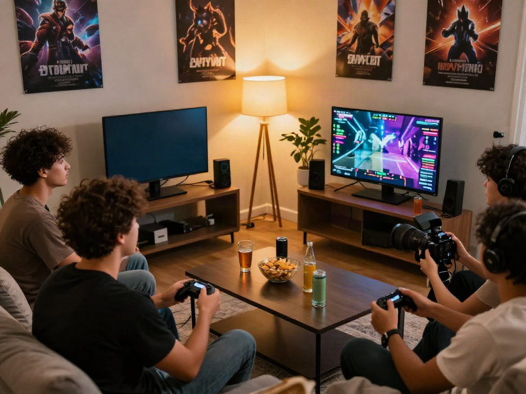 Exciting group gaming atmosphere showcasing ku88 esports competition in a cozy living room.