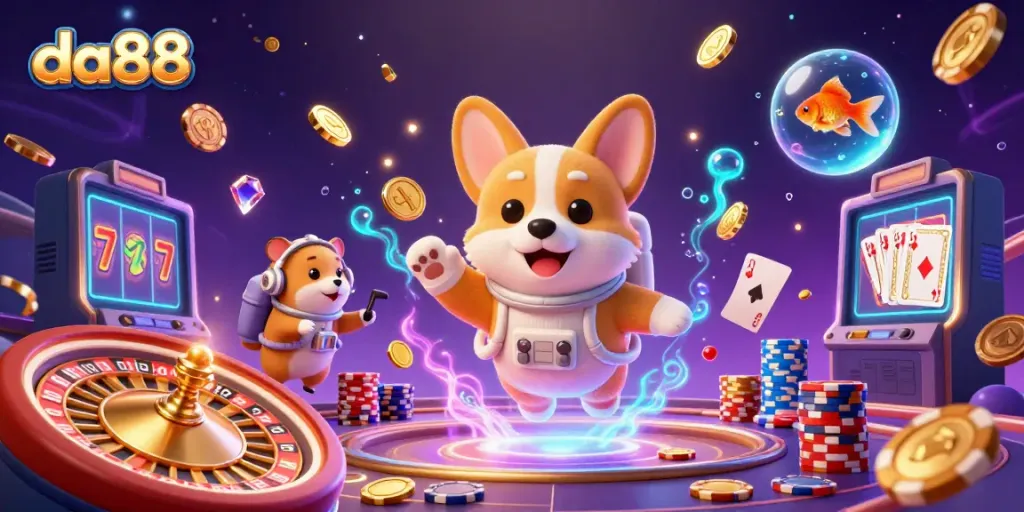 Experience winning moments with da88 in a vibrant casino space scene featuring a floating corgi and colorful gaming elements.