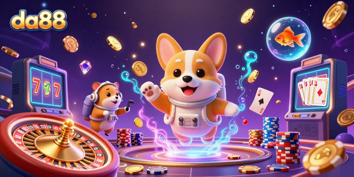 Experience winning moments with da88 in a vibrant casino space scene featuring a floating corgi and colorful gaming elements.