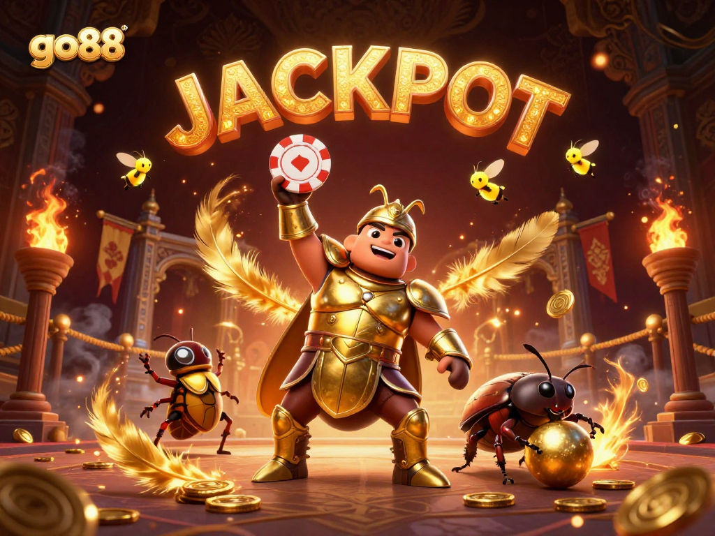 Engage with go88's thrilling casino atmosphere featuring a victorious beetle and vibrant action elements.