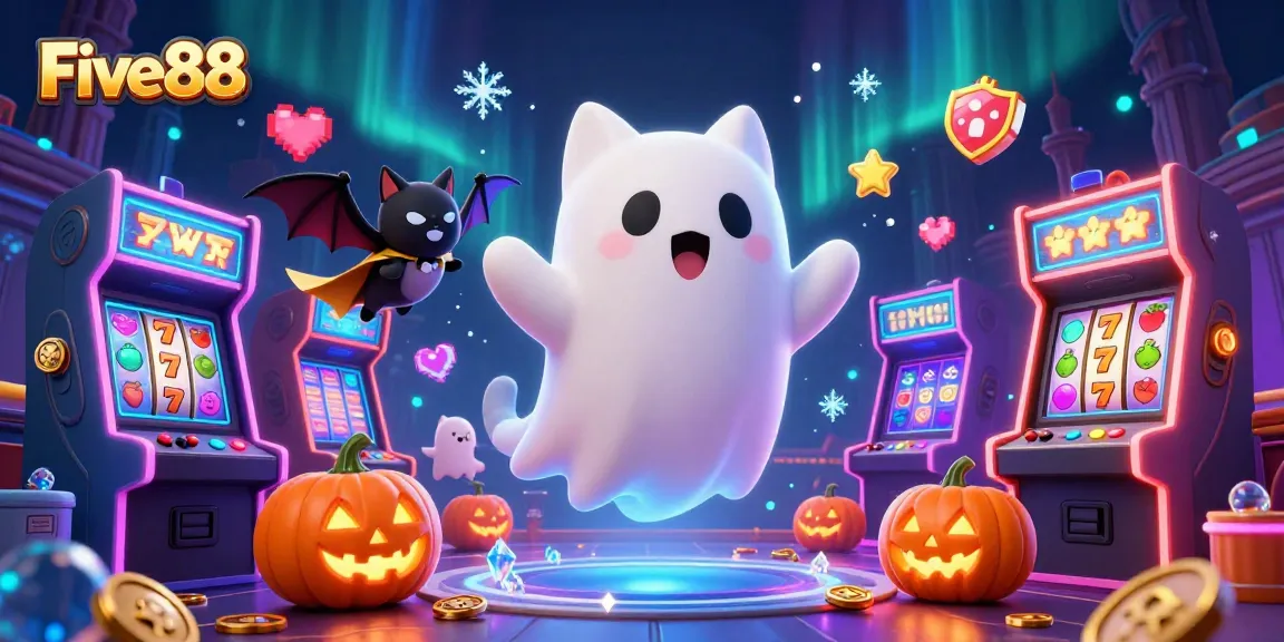Engage with Five88's vibrant casino world featuring a ghost cat and vibrant gaming elements.
