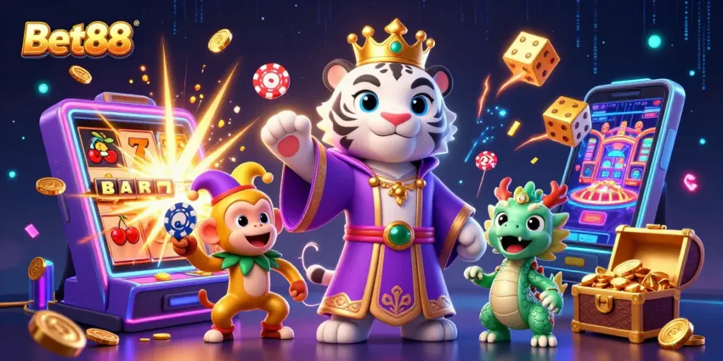 Trải nghiệm Bet88 với hổ trắng và khỉ vàng trong không gian casino đầy màu sắc và hấp dẫn