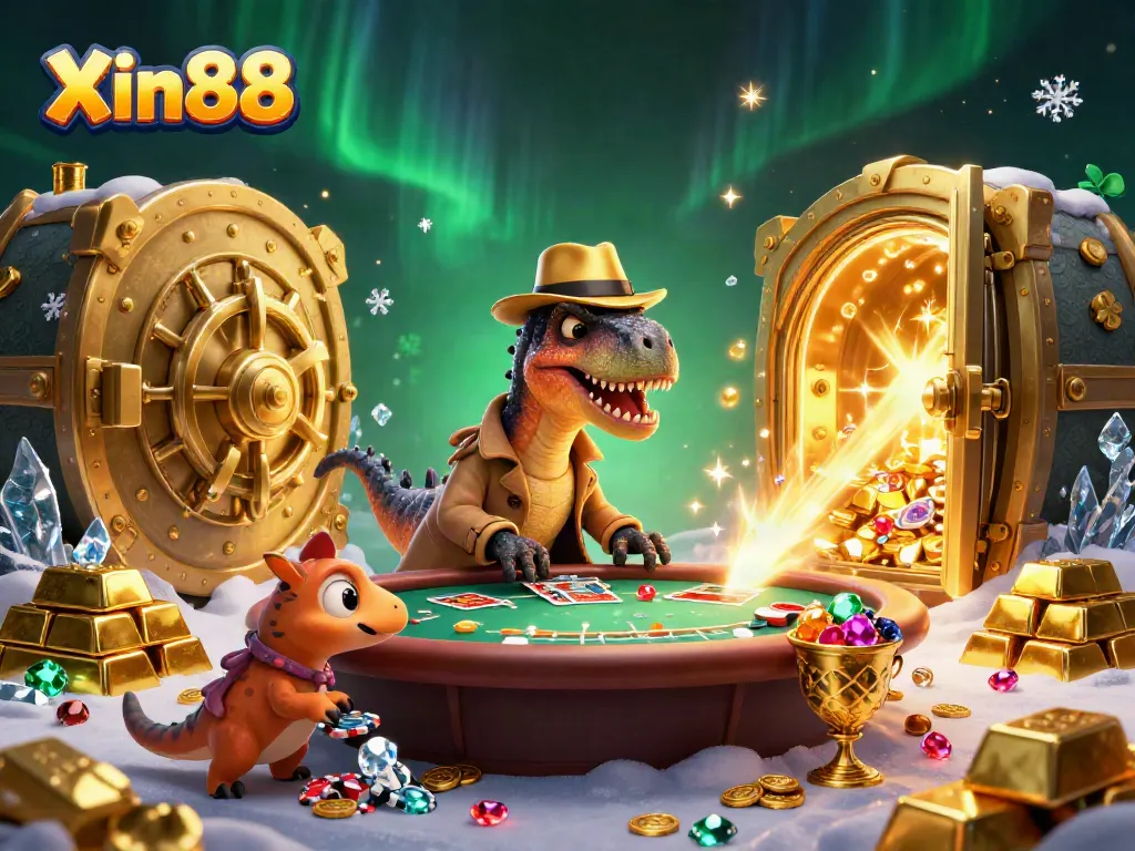 Experience excitement with Xin88 as cartoon dinosaurs interact at a vibrant blackjack table.