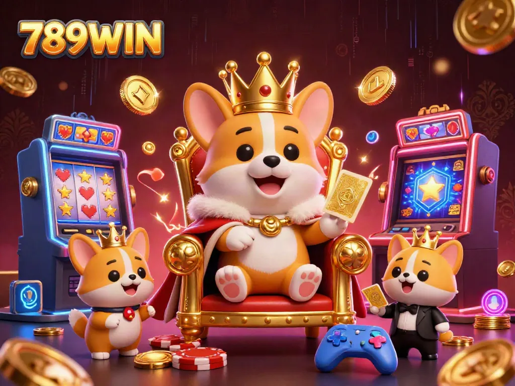 Experience the excitement of 789WIN with a vibrant 3D illustration of a royal corgi in a casino setting, showcasing games and glamour.