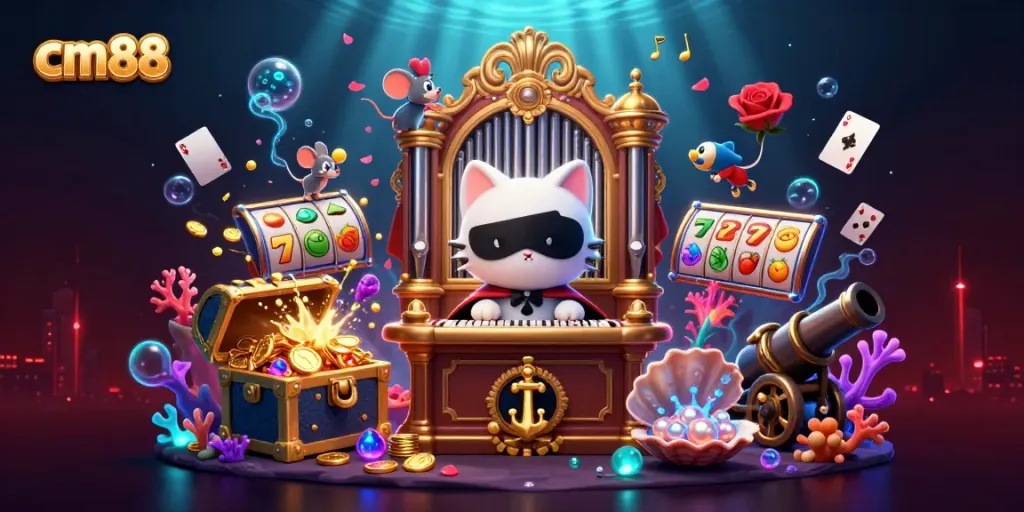 Experience cm88's vibrant casino scene with animated gambling elements and a whimsical atmosphere.