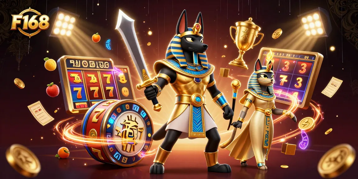 Engage with the immersive gaming world of F168 featuring visual elements like slots and treasures.