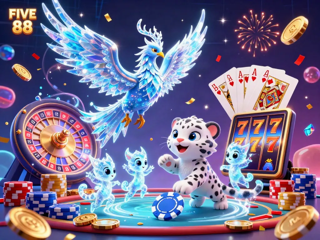 Engage with the dynamic FIVE 88 casino scene featuring vibrant characters and flying coins.