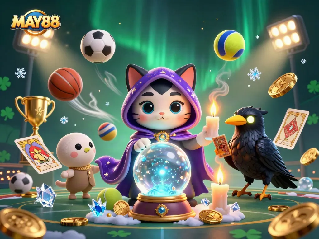 MAY88 players enjoy vibrant casino action with a mystical cat and raven, surrounded by exciting sports elements.
