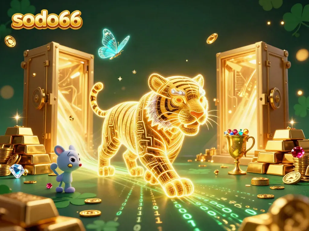 Engage in thrilling casino action with the vibrant scene of sodo66, showcasing a neon tiger amidst treasures and holographic elements.