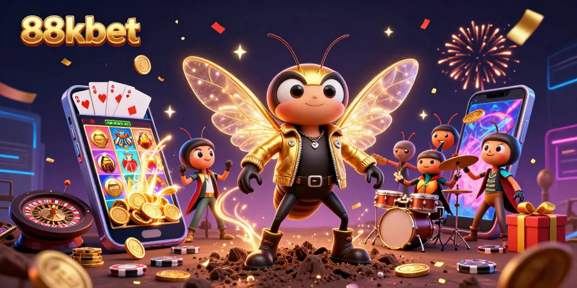 Engage with vibrant 88kbet casino scene showcasing a cicada rock star and dynamic game elements.