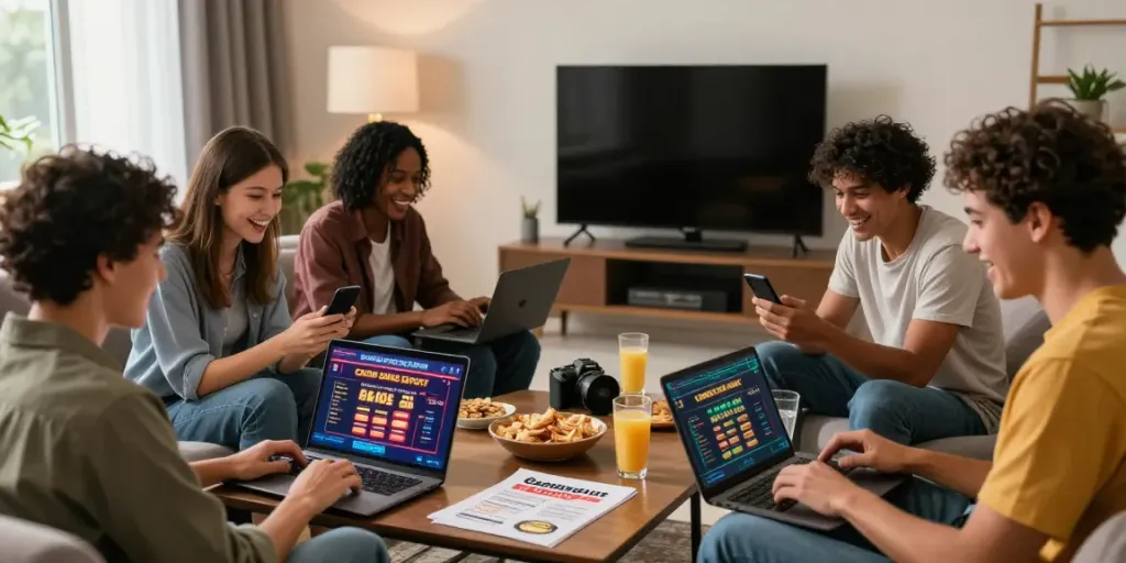 Excited friends exploring Casino sans Depot options in a cozy living room.