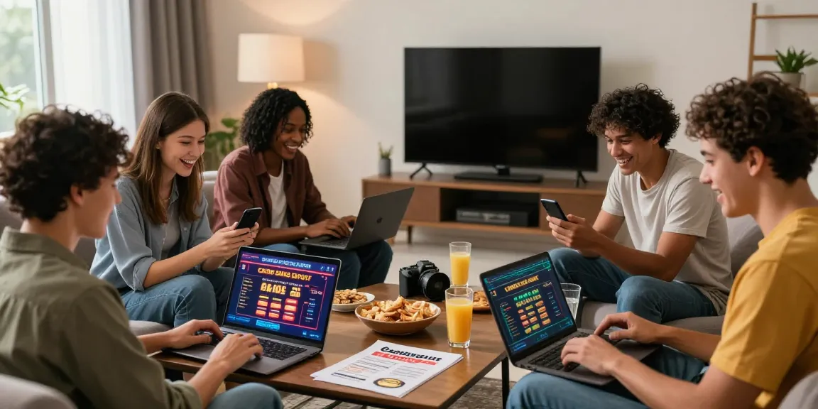 Excited friends exploring Casino sans Depot options in a cozy living room.