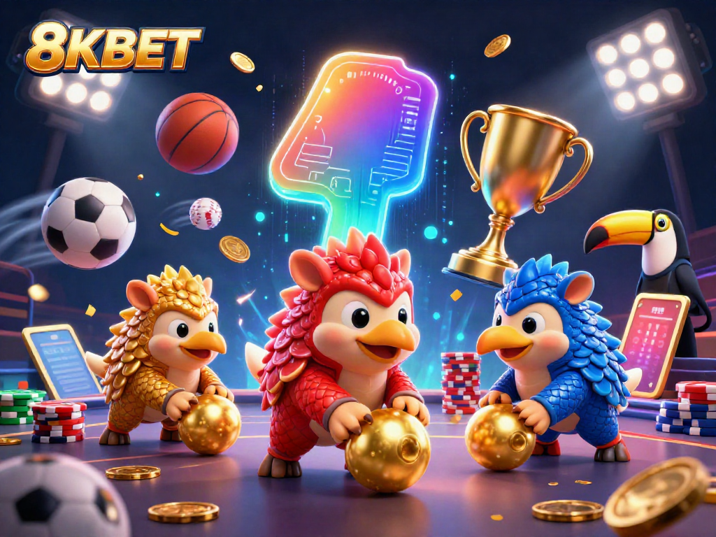 8KBET features rival pangolins bowling through poker chips, amidst vibrant casino elements.