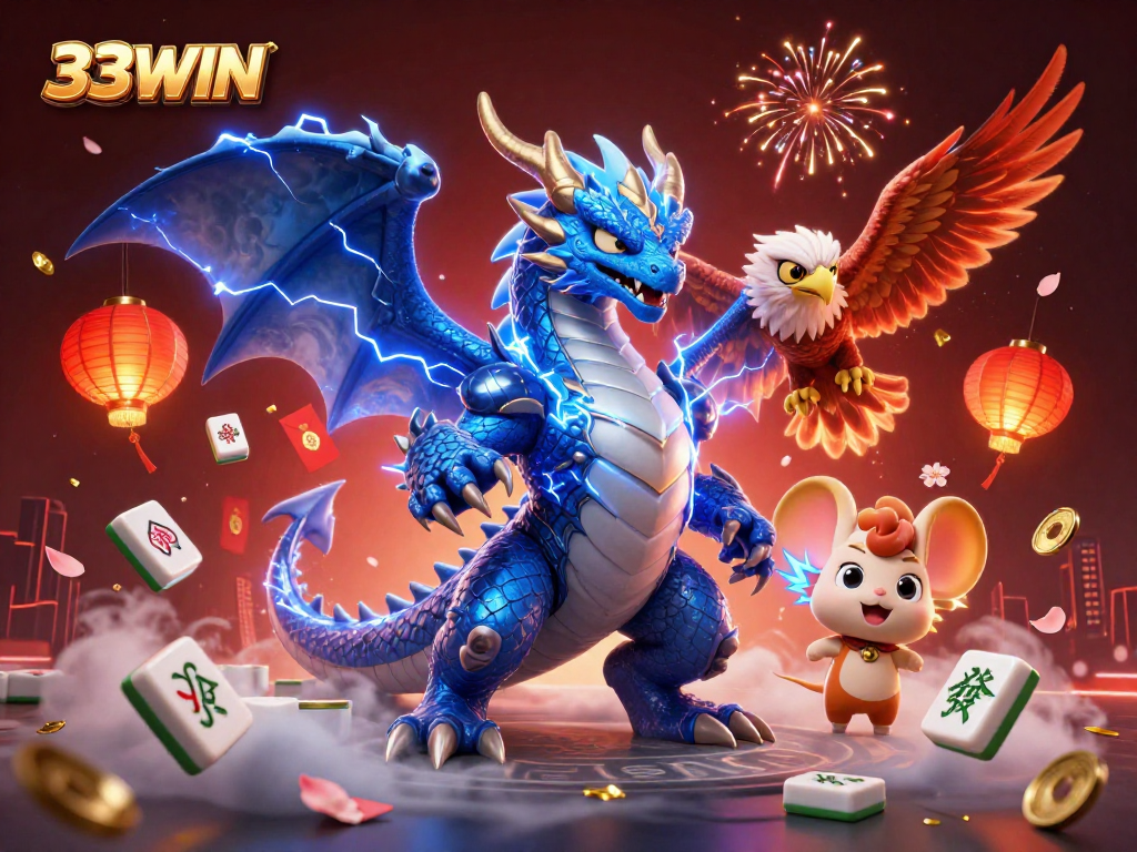 Engage with 33WIN's thrilling gaming experience featuring electric dragon and festive symbols.