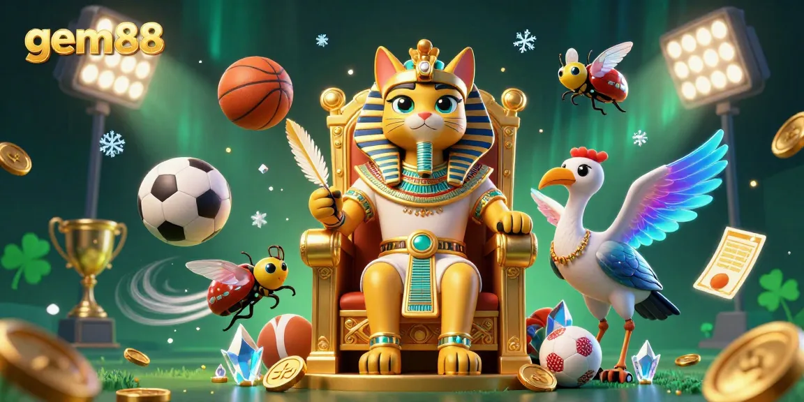 Experience the thrill of gambling with gem88, featuring a regal pharaoh cat on a golden throne surrounded by dynamic sports elements.