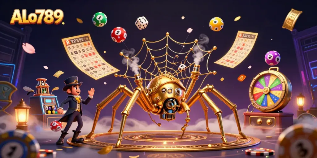 Engage with ALo789 through a captivating steampunk scene featuring a golden spider, dice, and vibrant casino elements.