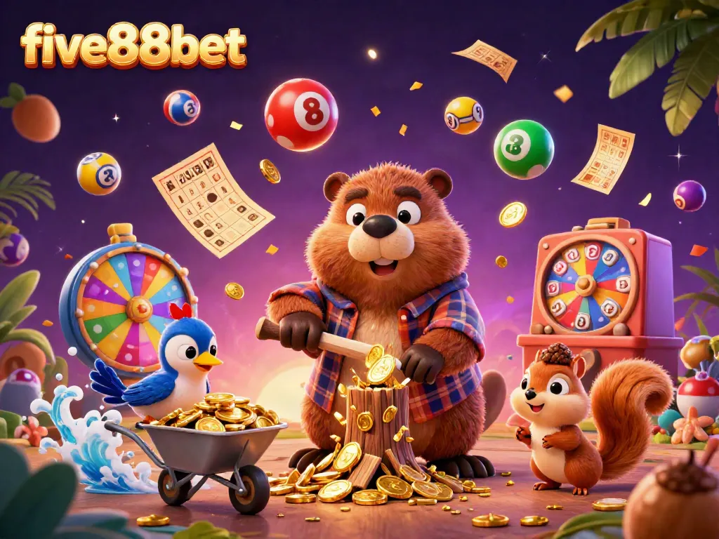 Win big at five88bet with exciting gold rain and fun characters in a vibrant casino setting.