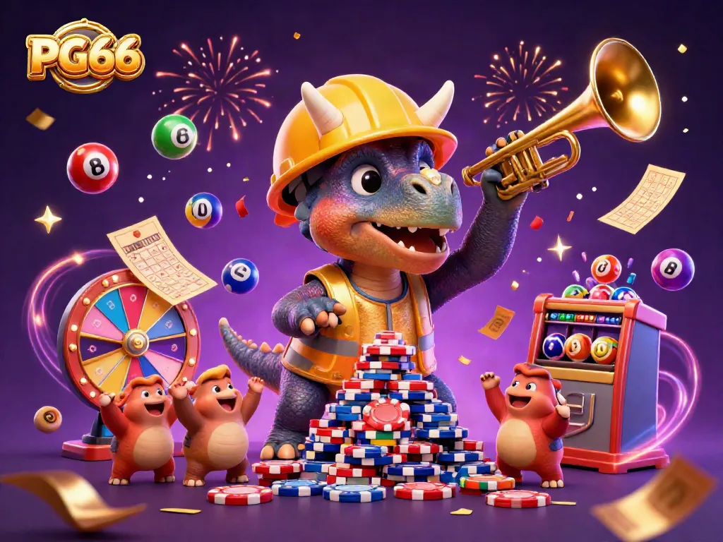 Engage with PG66 as a triceratops builds poker chip towers amid cheering compys and festive casino elements.