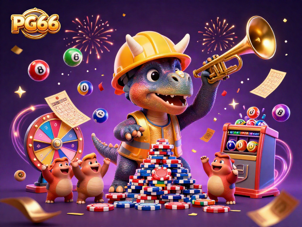 Engage with PG66 as a triceratops builds poker chip towers amid cheering compys and festive casino elements.