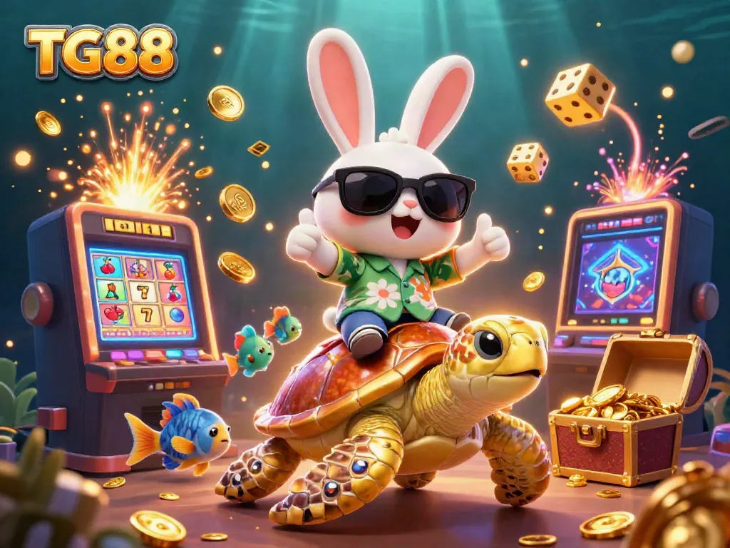 Experience thrilling casino action with TG88: a lucky rabbit and golden turtle amid slot machines and treasures.