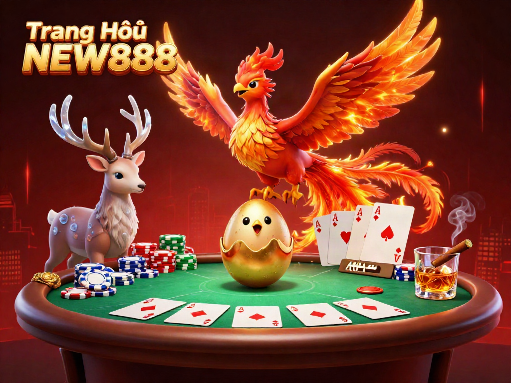 Immerse in the vibrant world of Trang Chủ NEW888 with fiery phoenixes and poker elements in a dazzling casino scene.