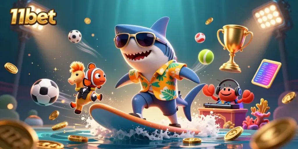 Join the fun at 11bet with a vibrant submarine illustration featuring a hammer-head shark and lively metallic elements.
