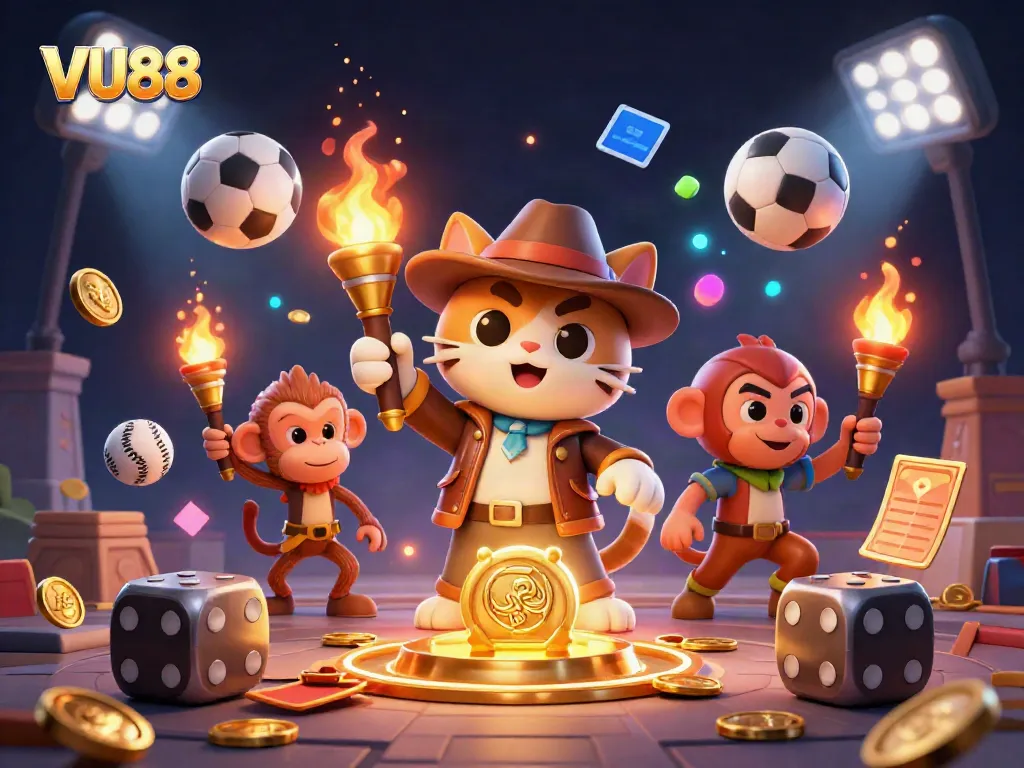 Engaging VU88 themed 3D illustration showing a cat explorer finding treasure amidst casino artifacts.
