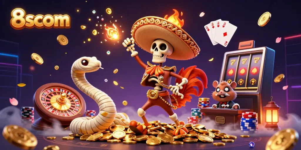 Experience thrilling wins at 8scom with a vibrant casino illustration featuring lively characters, golden coins, and gaming elements.