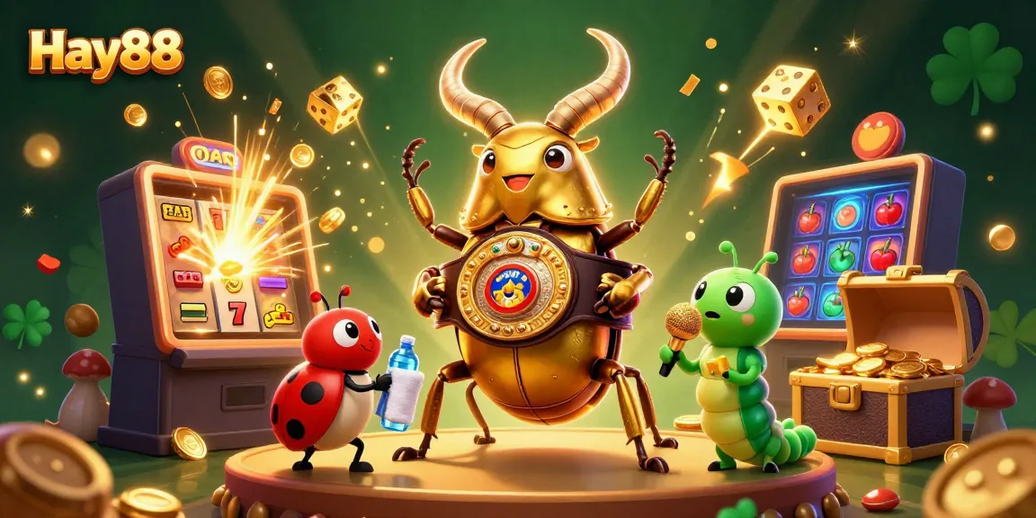 Experience excitement at Hay88 with a giant stag beetle champion surrounded by captivating casino elements.