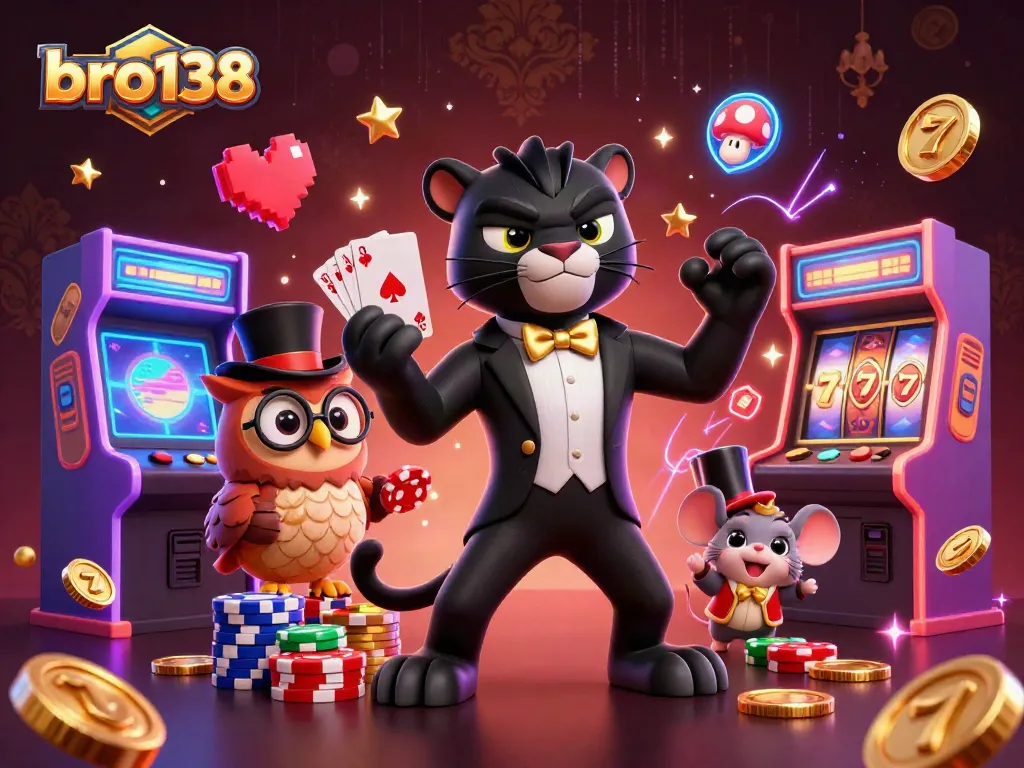 Bro138 showcases a stylish panther dealing cards, enhancing gambling excitement with vibrant casino elements.