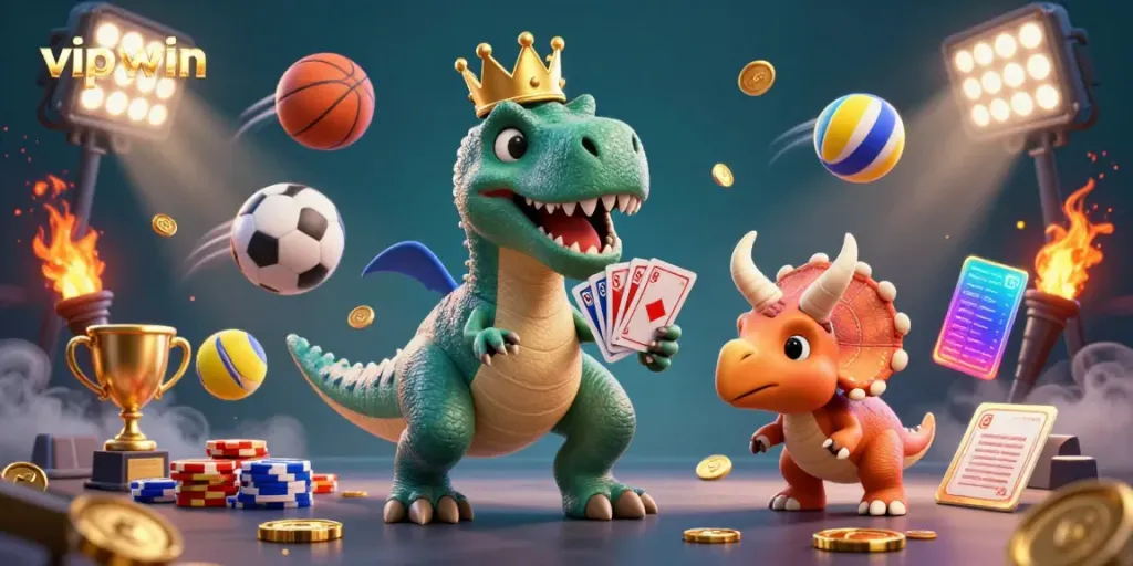 Players engage in thrilling moments at vipwin while dinosaurs shuffle cards and stack chips in a vibrant casino scene.