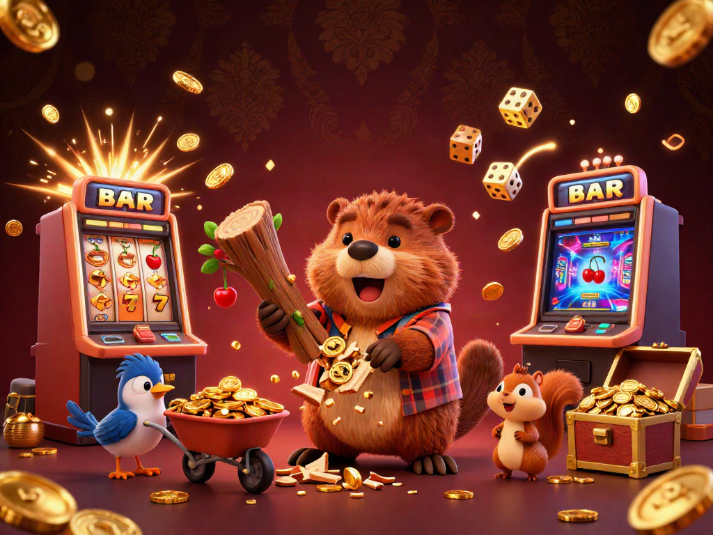 Experience thrilling wins at S8 with beaver, bird, and squirrel in a vibrant casino scene!