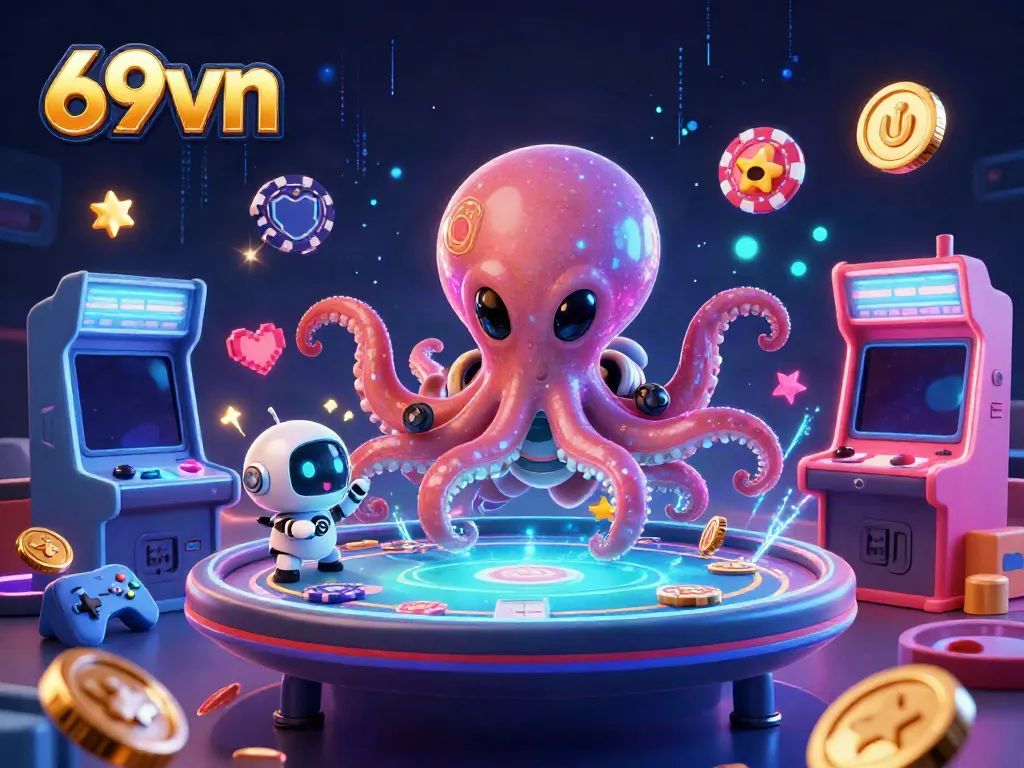 Play exciting poker games at 69vn with vibrant character action and holographic elements.