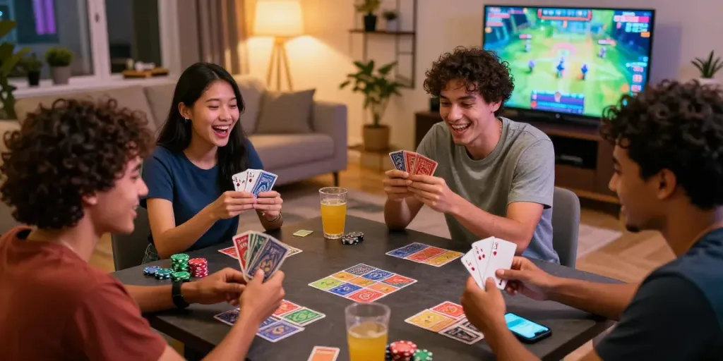 Friends enjoying a lively game of 3 patti no1 in a cozy living room.